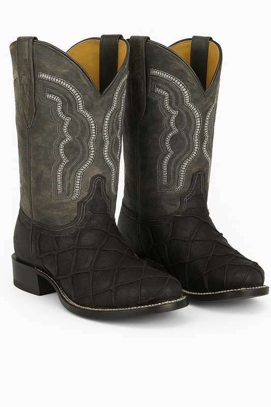 Black Embossed Pirarucu Leather Cowboy Boots with Distressed Shaft
