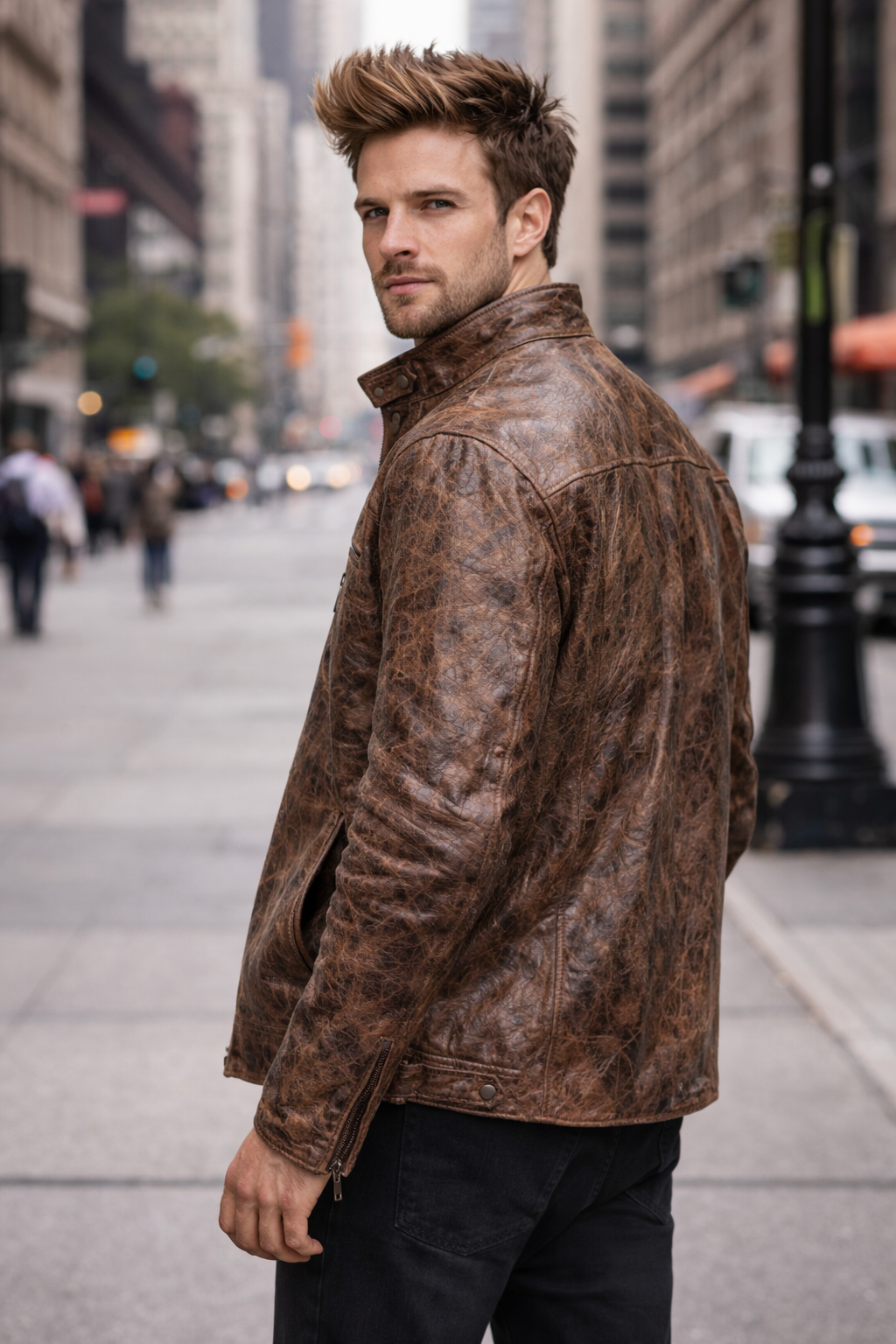 Men's Burnished Effect Leather Rider Jacket Distressed Gloss Brown detail — Tulsa OK