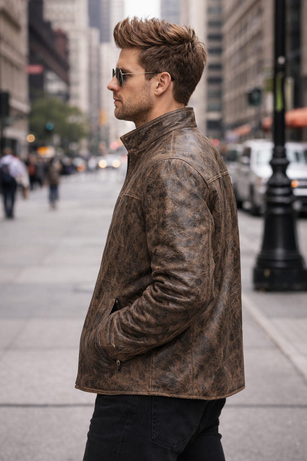Men's Rustic Charcoal-Brown Leather Moto Jacket – Animal Embossed Finish