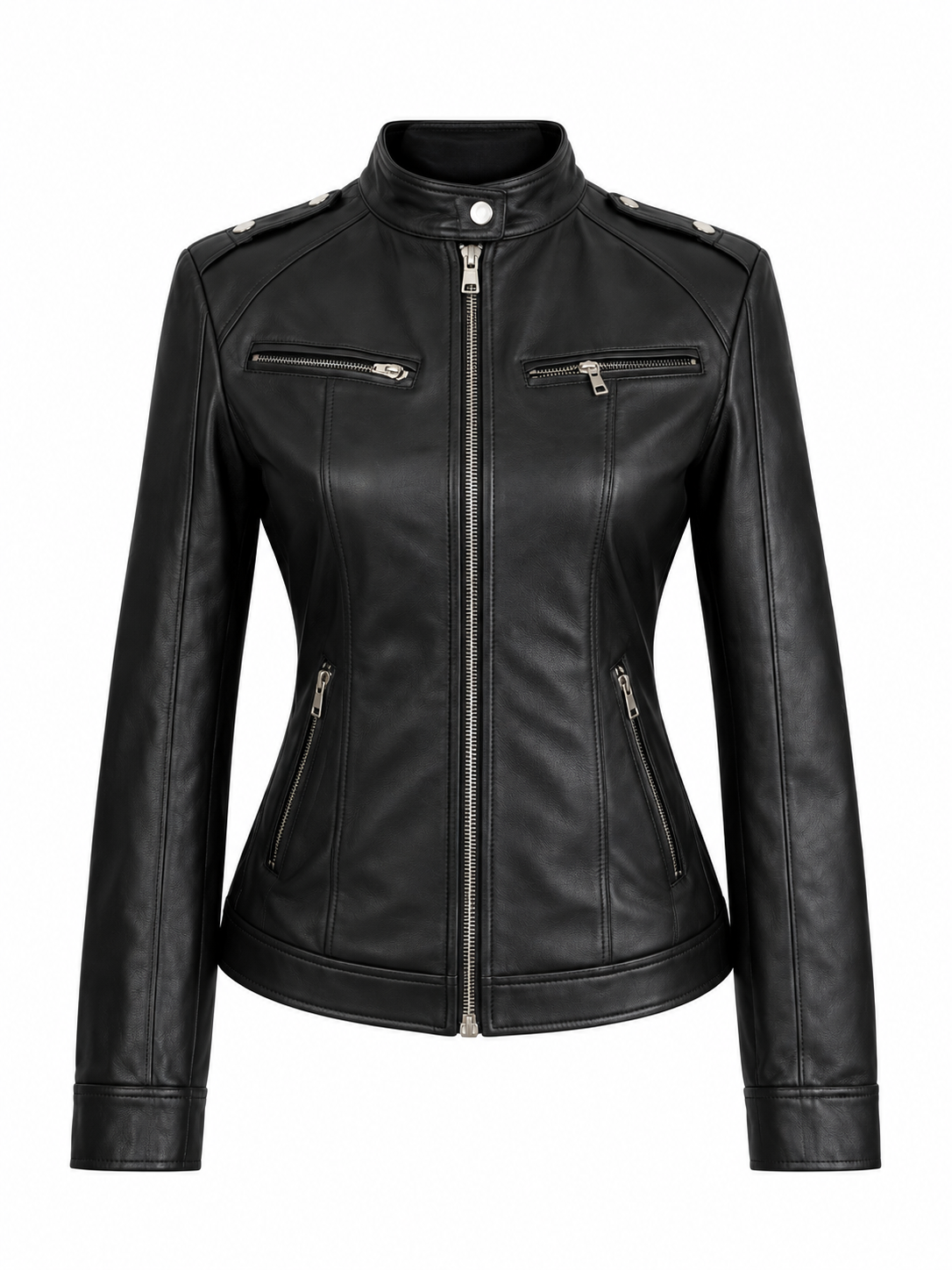 Women's black leather moto jacket— Biker Style with Silver