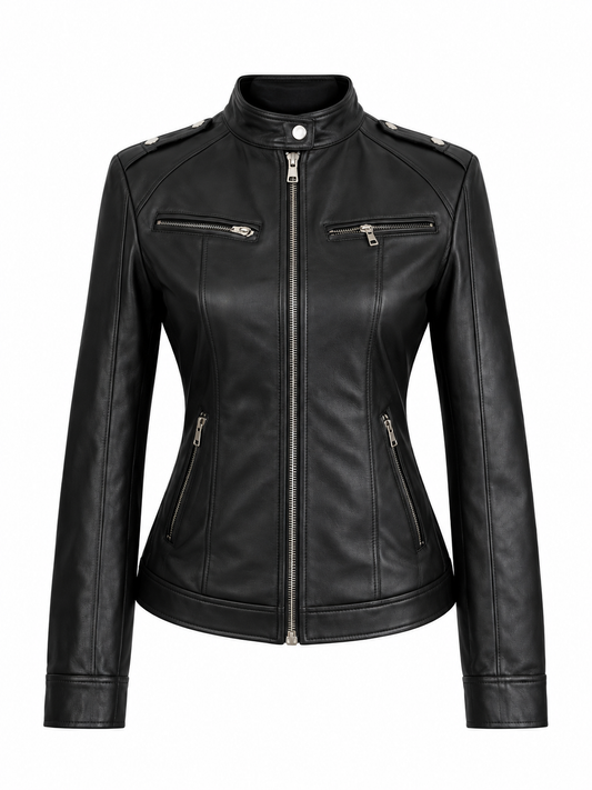 Women's black leather moto jacket— Biker Style with Silver