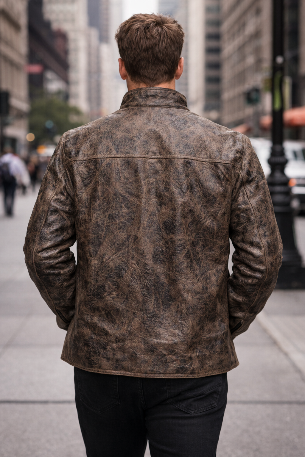 Men's Rustic Charcoal-Brown Leather Moto Jacket – Animal Embossed Finish