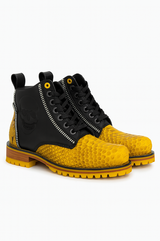 Designer Python Combat Boots with Skull Embossing