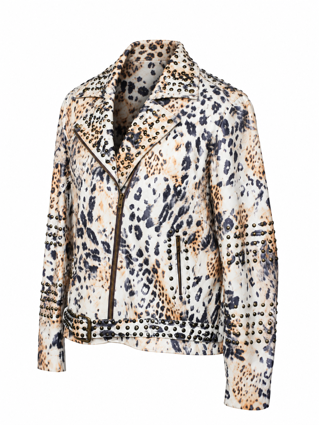 Men's Leopard-Pattern Leather Jacket with Stud Accents