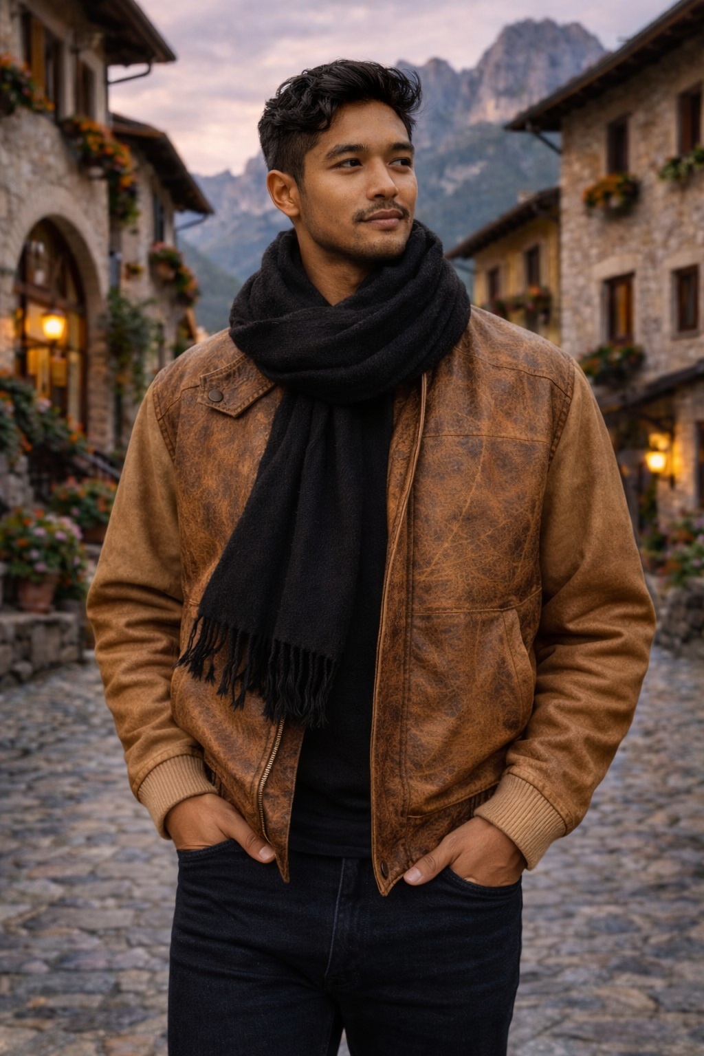 Men's Antique Brown Leather Jacket Vintage Oversized Bomber side view — Los Angeles CA