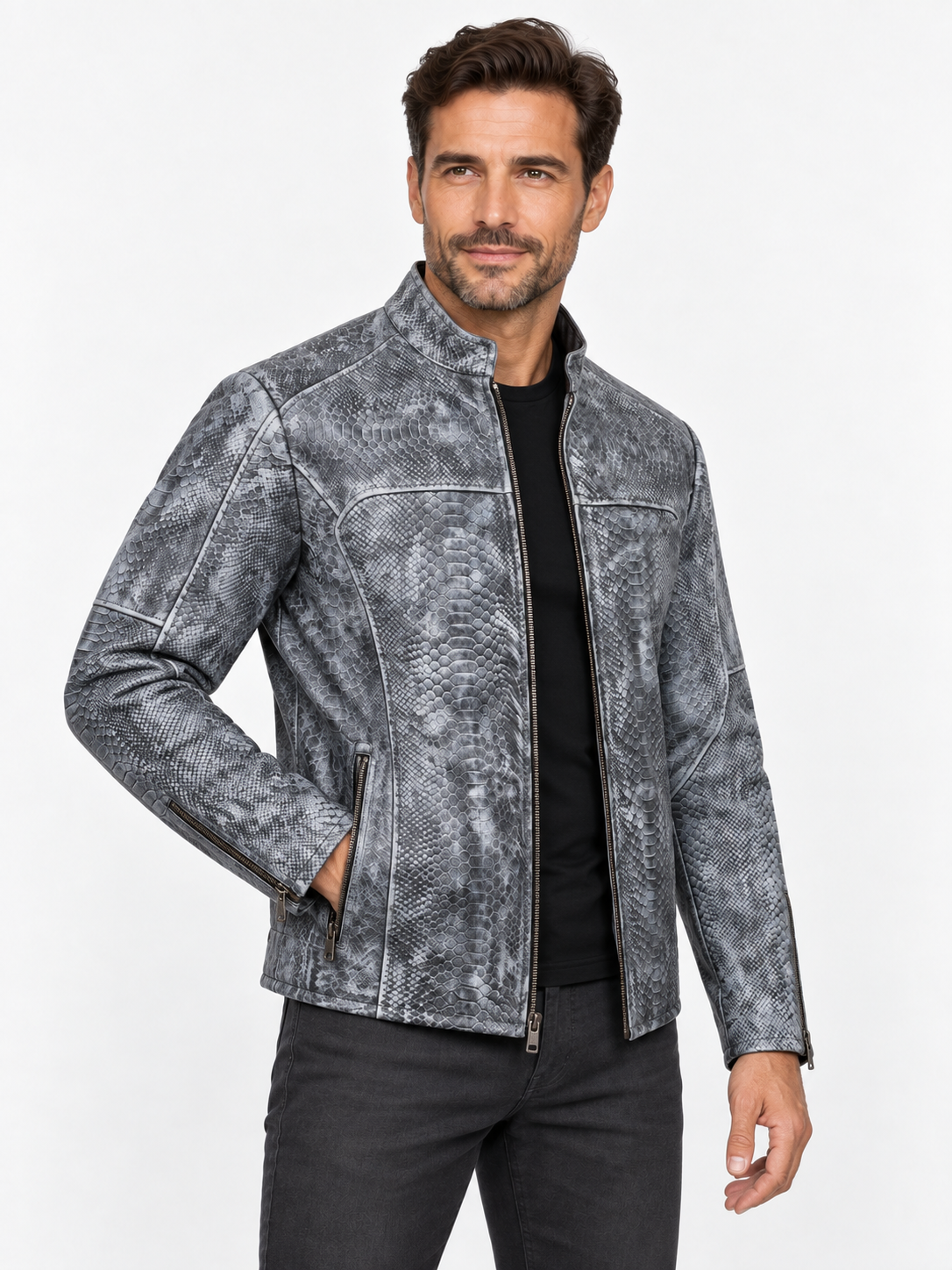 Men's Unique Wash Gray Snake-Embossed Leather Jacket – Artisan Hand-Colored