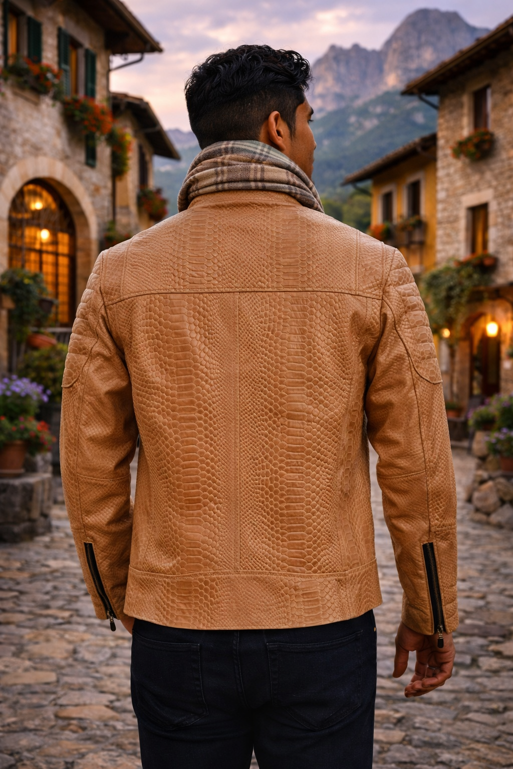 Men's Light Tan Reptile-Embossed Leather Moto Jacket