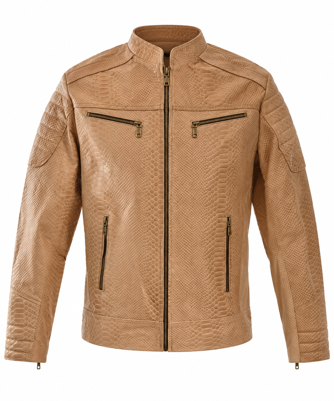 Men's Light Tan Reptile-Embossed Leather Moto Jacket
