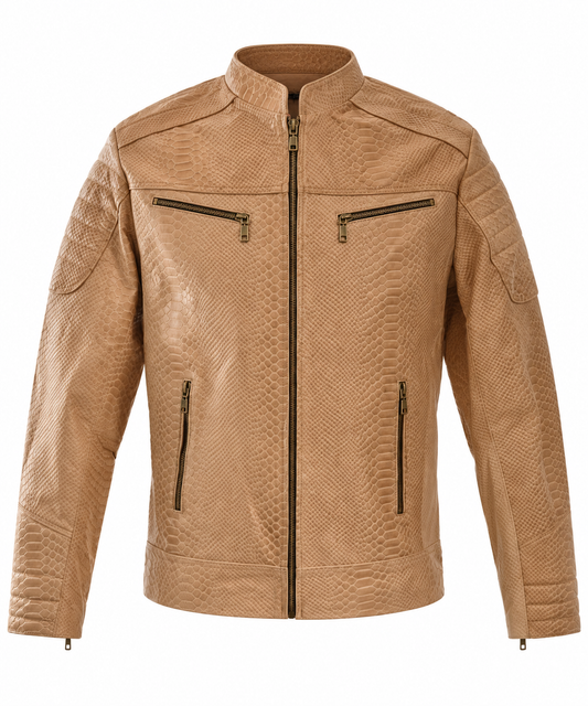 Men's Light Tan Reptile-Embossed Leather Moto Jacket
