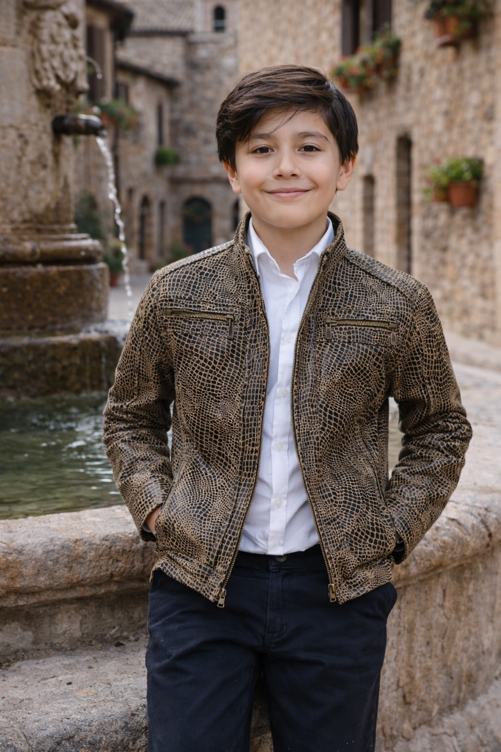 Boys Reptile-Pattern Leather Racer Jacket