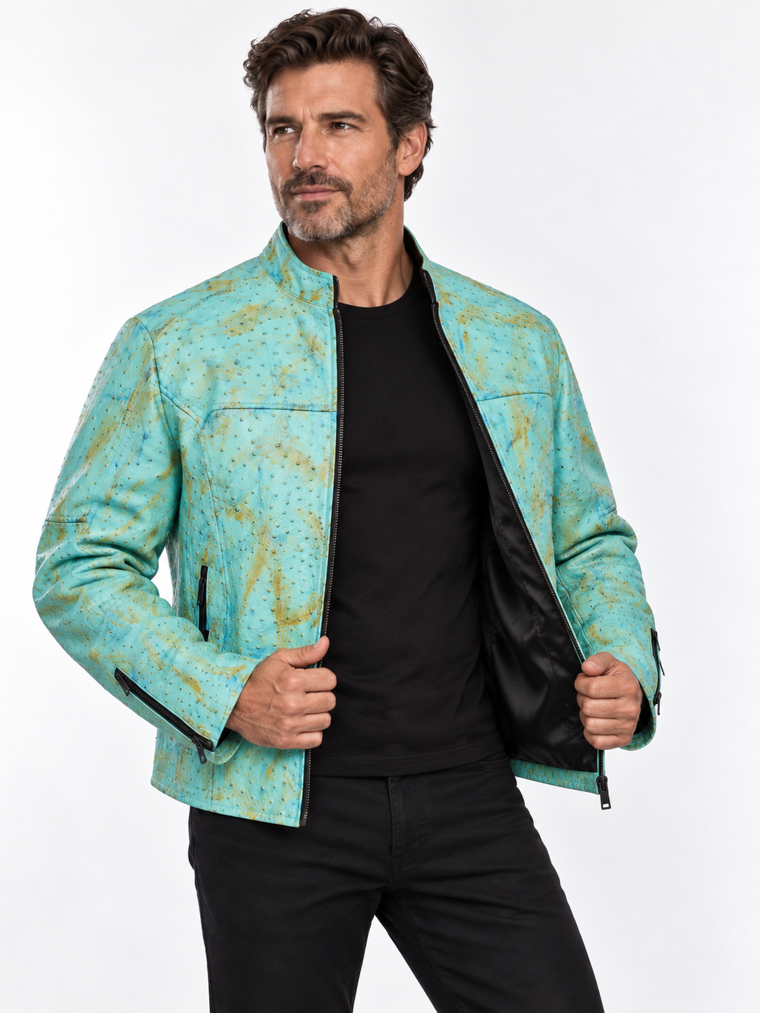 Men's Ostrich Leather Jacket – Bold Quill Texture - Aqua Sky