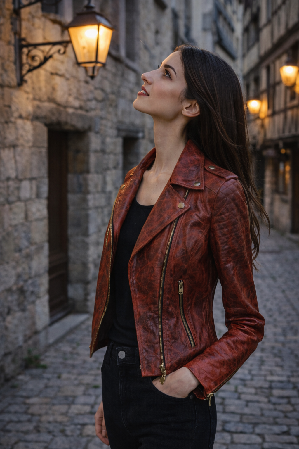 Women's Vintage Flame Leather Moto Jacket – Crimson & Rust Animal Embossed