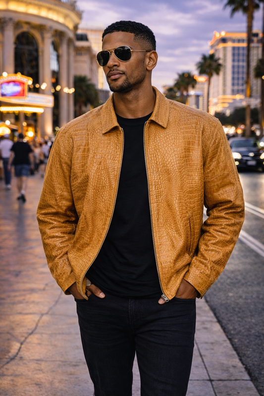 Sand Crocodile-Embossed Leather Jacket front view — New Orleans LA