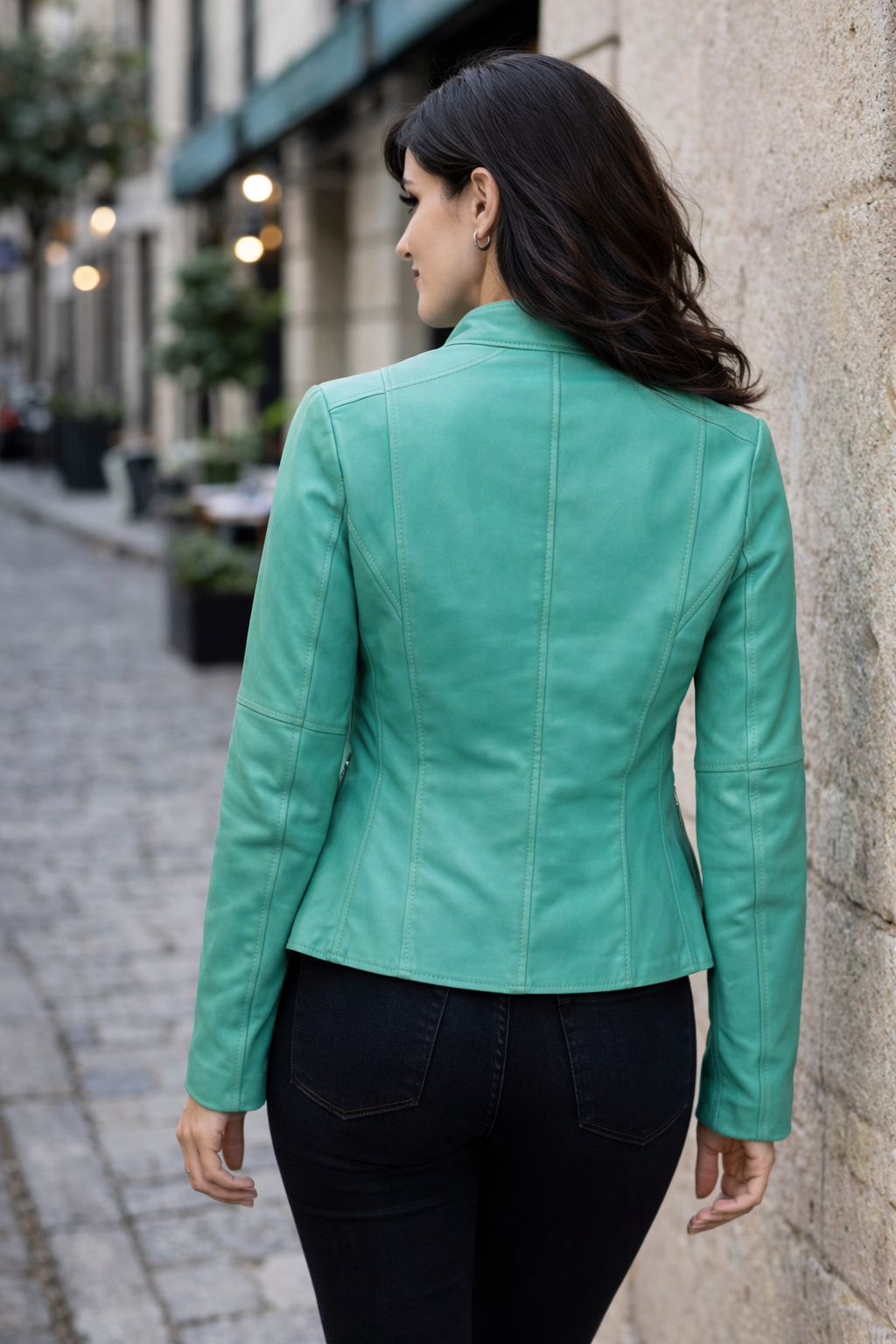 Women's Turquoise Leather Jacket for Bold City Style – Timeless Confidence