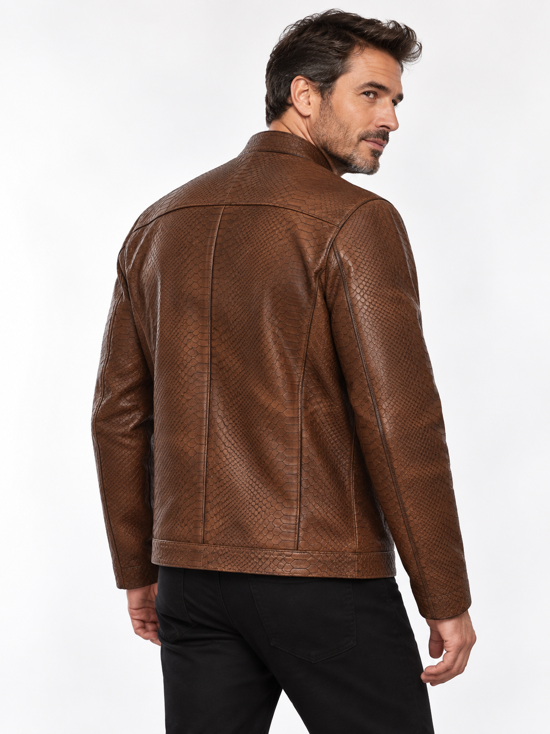 Men's Classic Brown Python-Textured Leather Jacket – Exotic Embossing