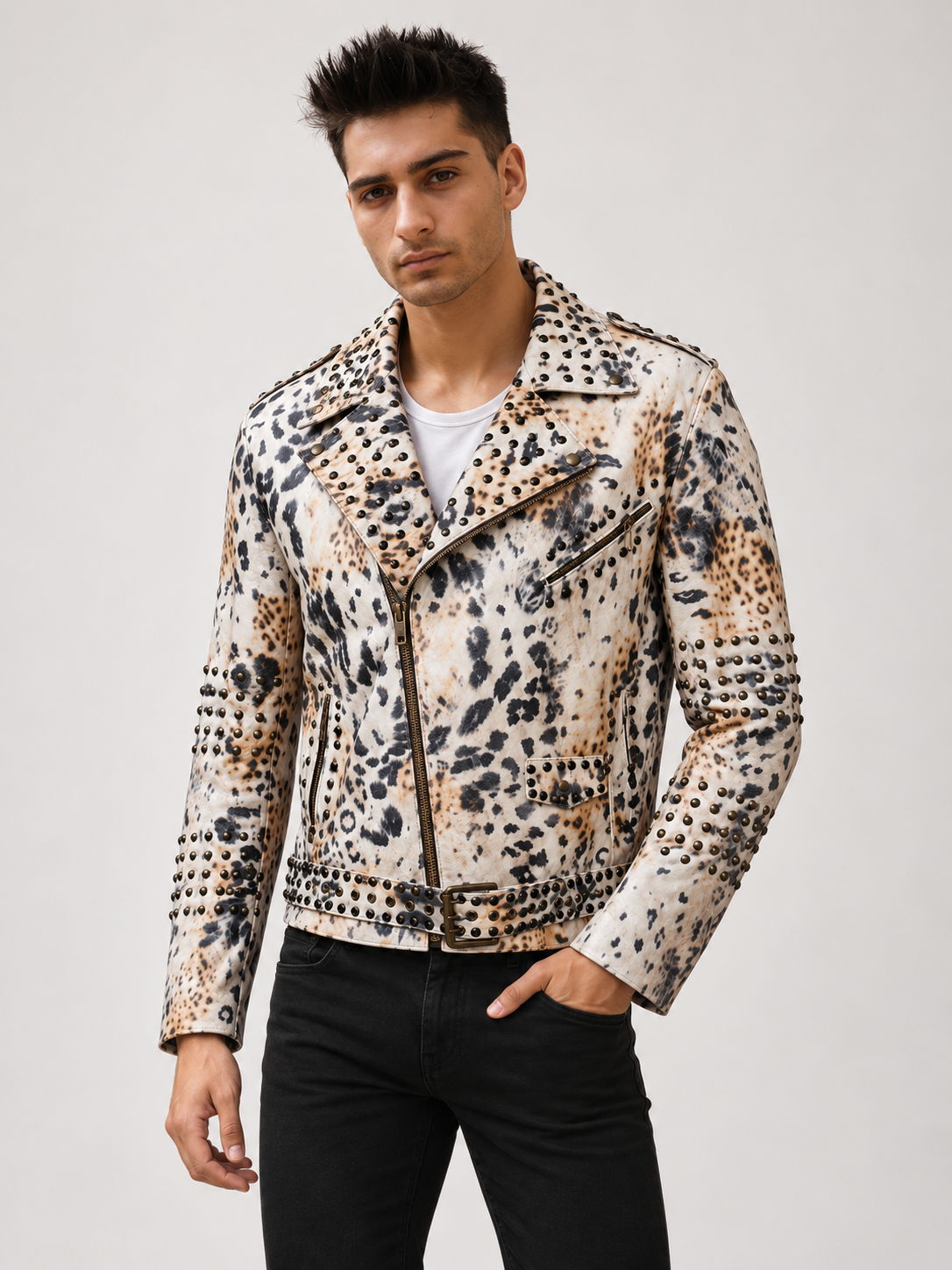 Men's Leopard-Pattern Leather Jacket with Stud Accents