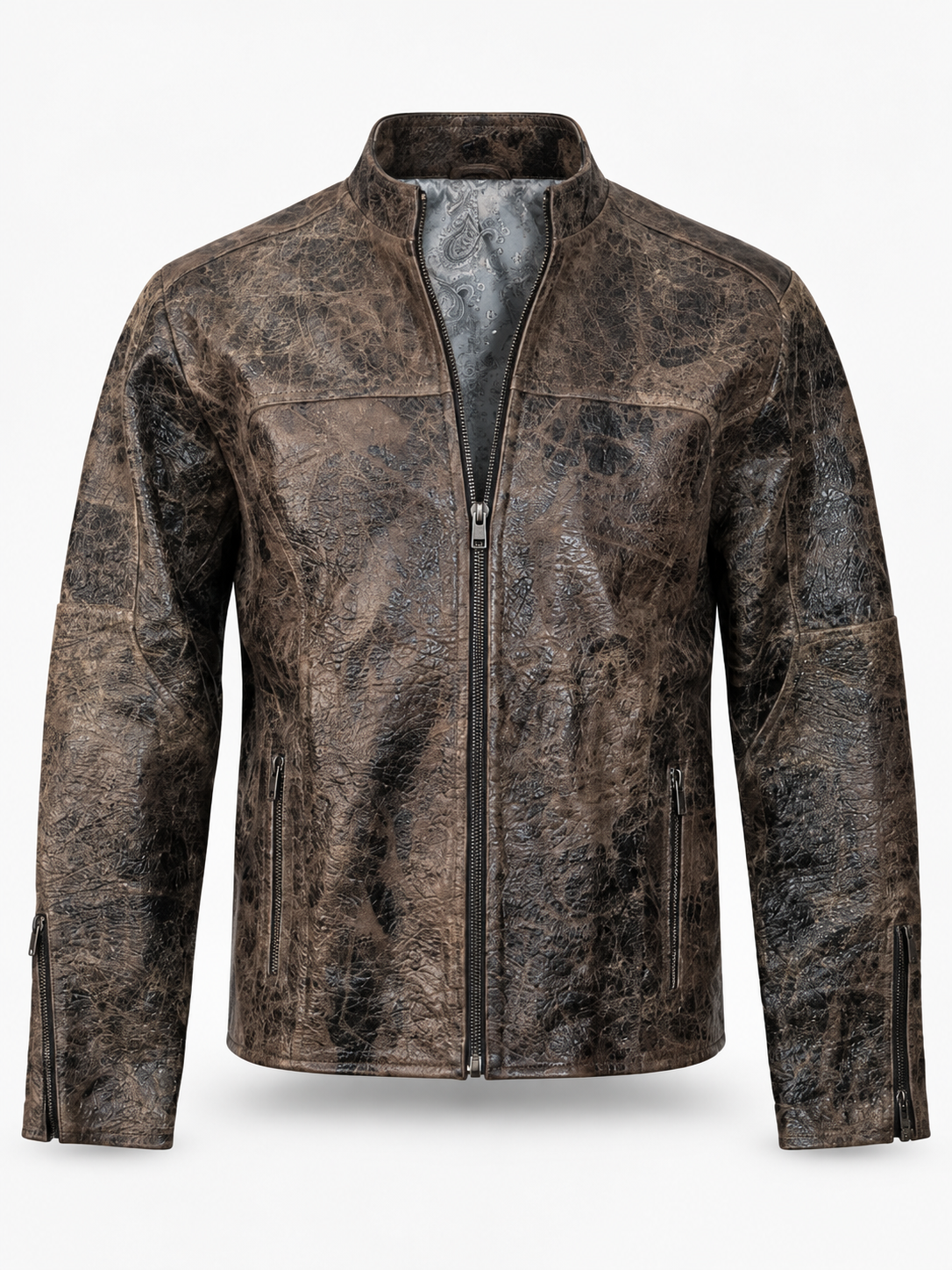 Men's Rustic Charcoal-Brown Leather Moto Jacket – Animal Embossed Finish
