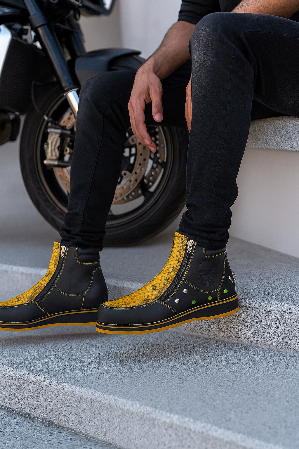 Yellow Python & Black Leather Skull Boots