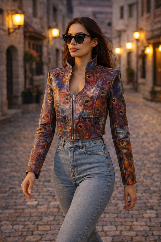 Women's Vivid Peacock Feather Leather Blazer – Cropped Exotic Statement Jacket