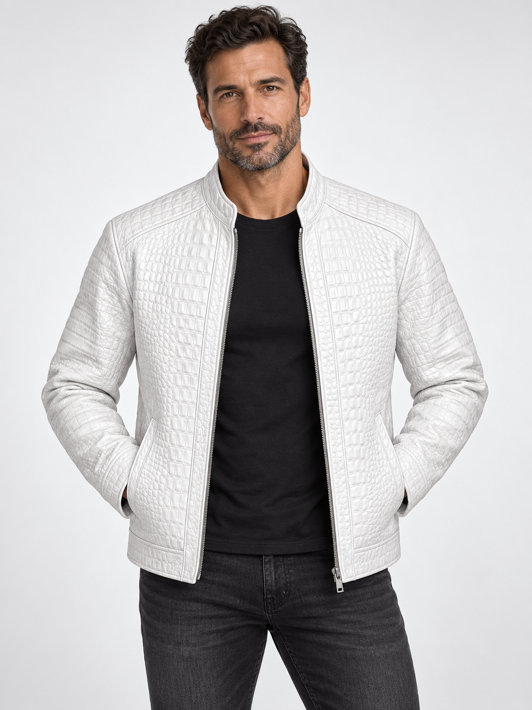 White Crocodile Embossed Leather Jacket