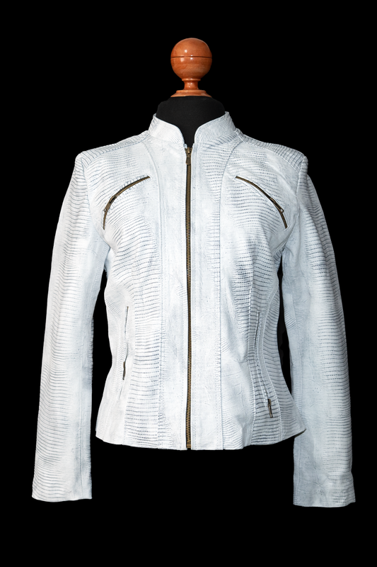 Icy White Lizard-Embossed Leather Jacket