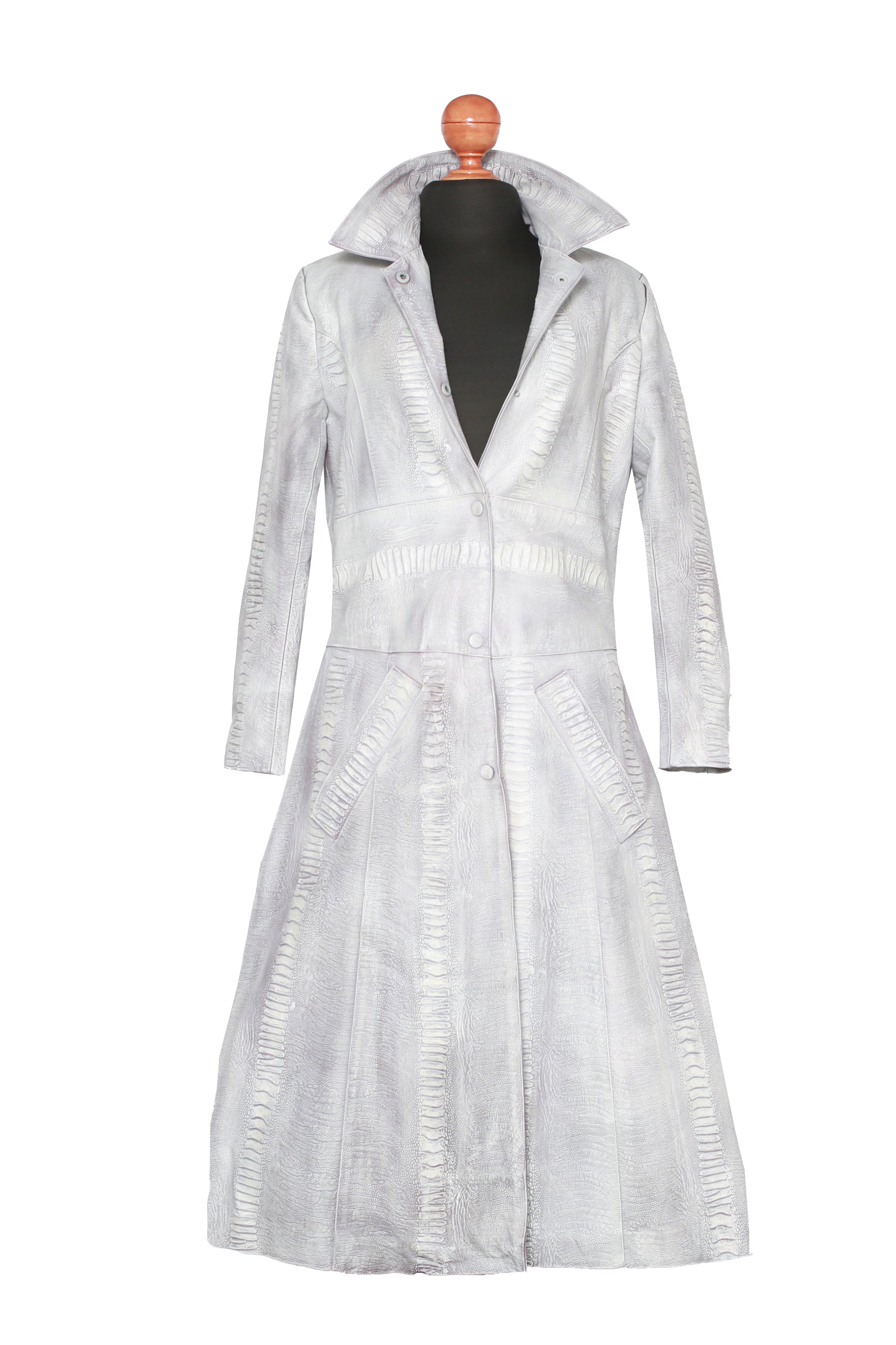 Fierce Grace Embossed Leather Overcoat – Exotic Ostrich Leg Long Coat in Icy White