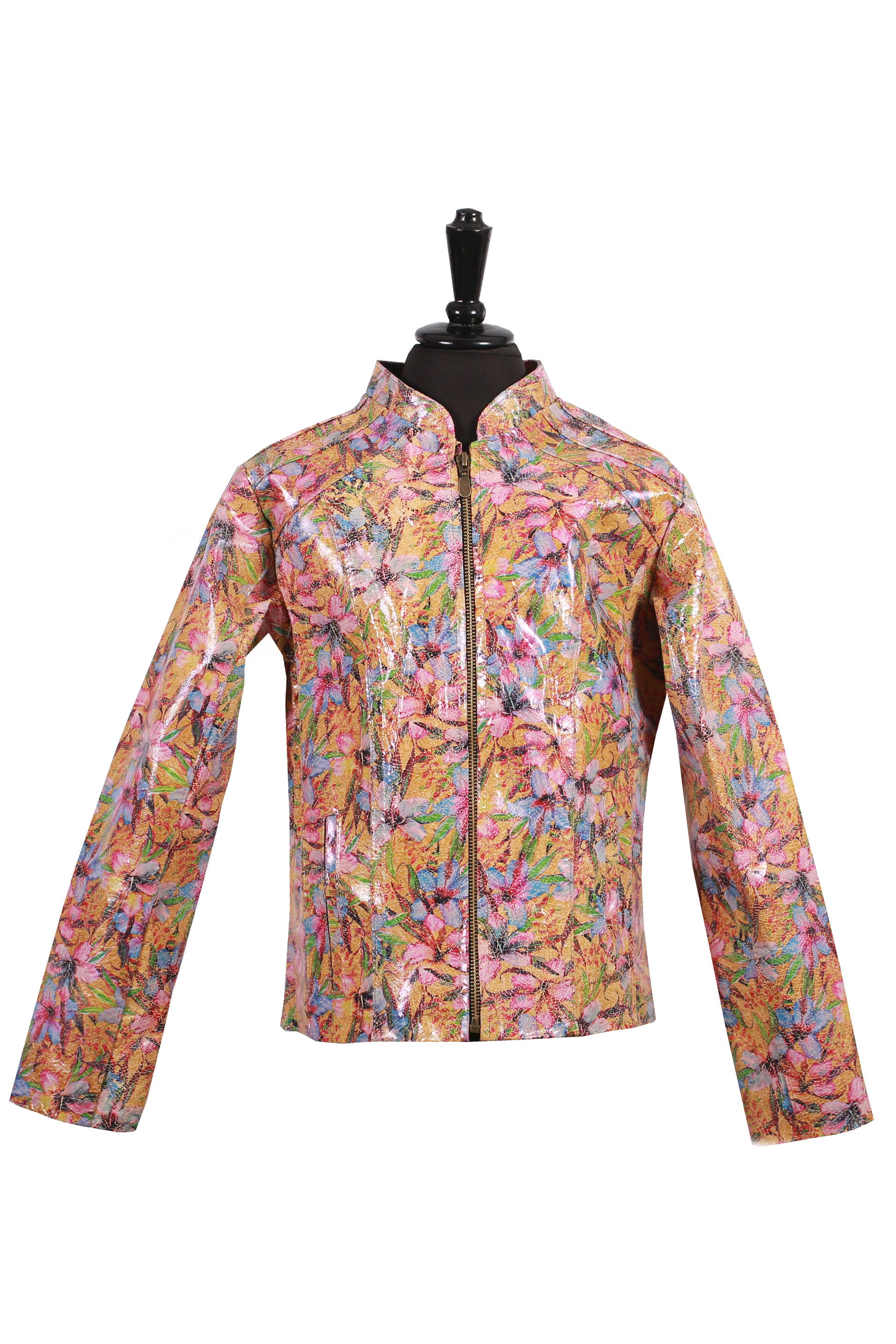 Girls Artistic Floral Pattern Leather Jacket – Glossy Statement Outerwear