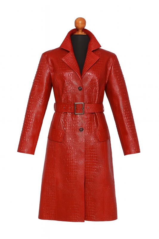 Gold-Touched Crocodile Embossed Elegance – Red & Gold Statement Leather Trench