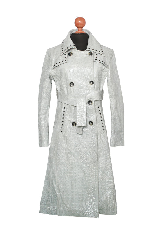 Crocodile Embossed Leather Trench – Studded Detail