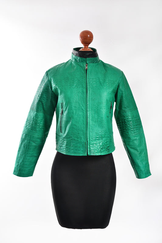 Kids Exotic Pattern Leather Racer Jacket – Emerald Green Croc-Embossed Style