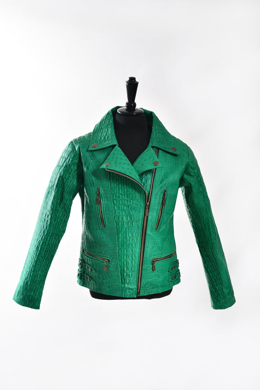 Kids Green Crocodile-Embossed Moto Jacket – Bold Emerald with Classic Zipper Details
