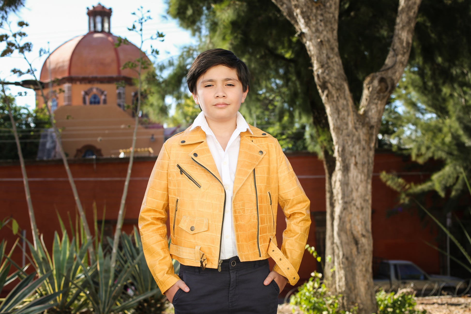 Kids Yellow Crocodile-Embossed Leather Biker Jacket san antonio