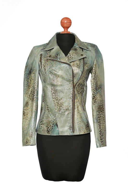 Antique Green Leather Biker with Subtle Leopard Pattern