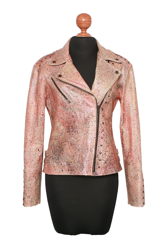 Light Rose Biker Jacket with Modern Edge – Hand-Decorated Leather with Stud Accents