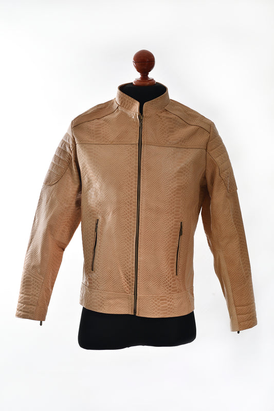 Light Tan Reptile-Embossed Leather Moto Jacket near me