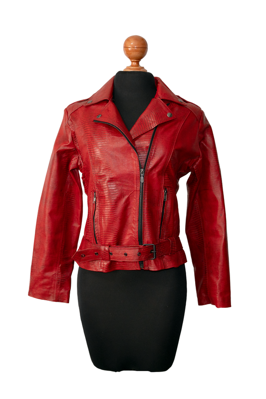 Lizard-Pattern Crimson Motorcycle Jacket – Distressed Red Leather with Exotic Texture