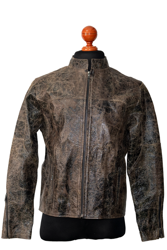 Rustic Charcoal-Brown Leather Moto Jacket,embossed