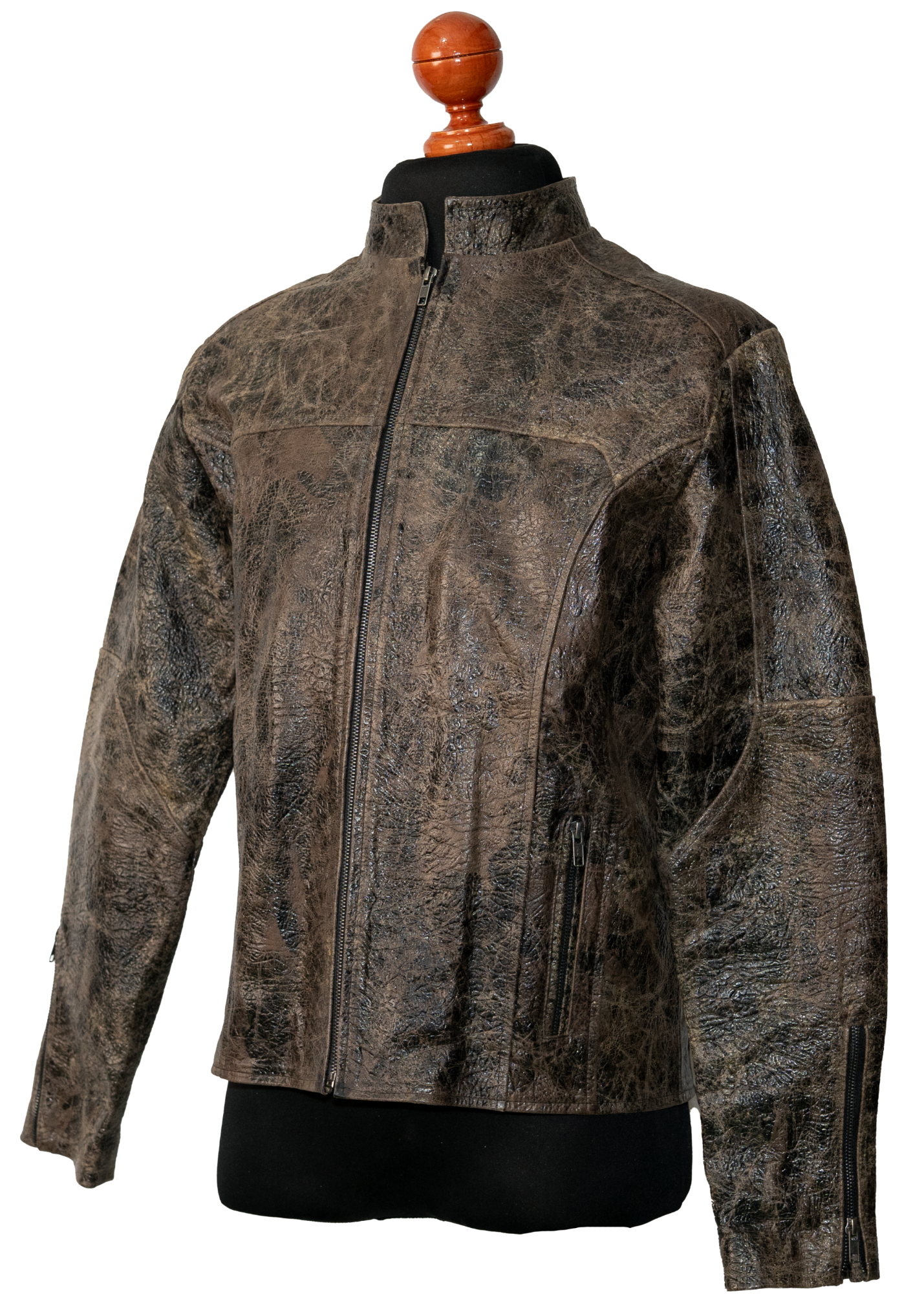 Rustic Charcoal-Brown Leather Moto Jacket,embossed
