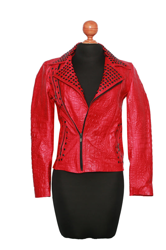 Manhattan Edge Crocodile Leather Jacket – Red Embossed Leather with Studded Accents