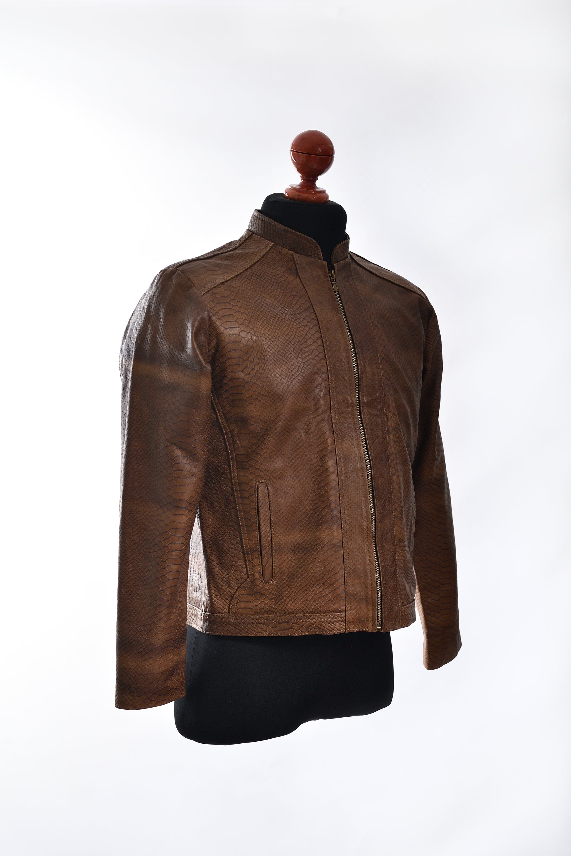 Mens Classic Brown Python-Textured Leather Jacket Exotic 