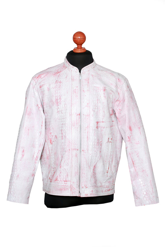 Modern Artisan Crocodile-Embossed Leather Jacket – Blush White Hand-Painted Finish