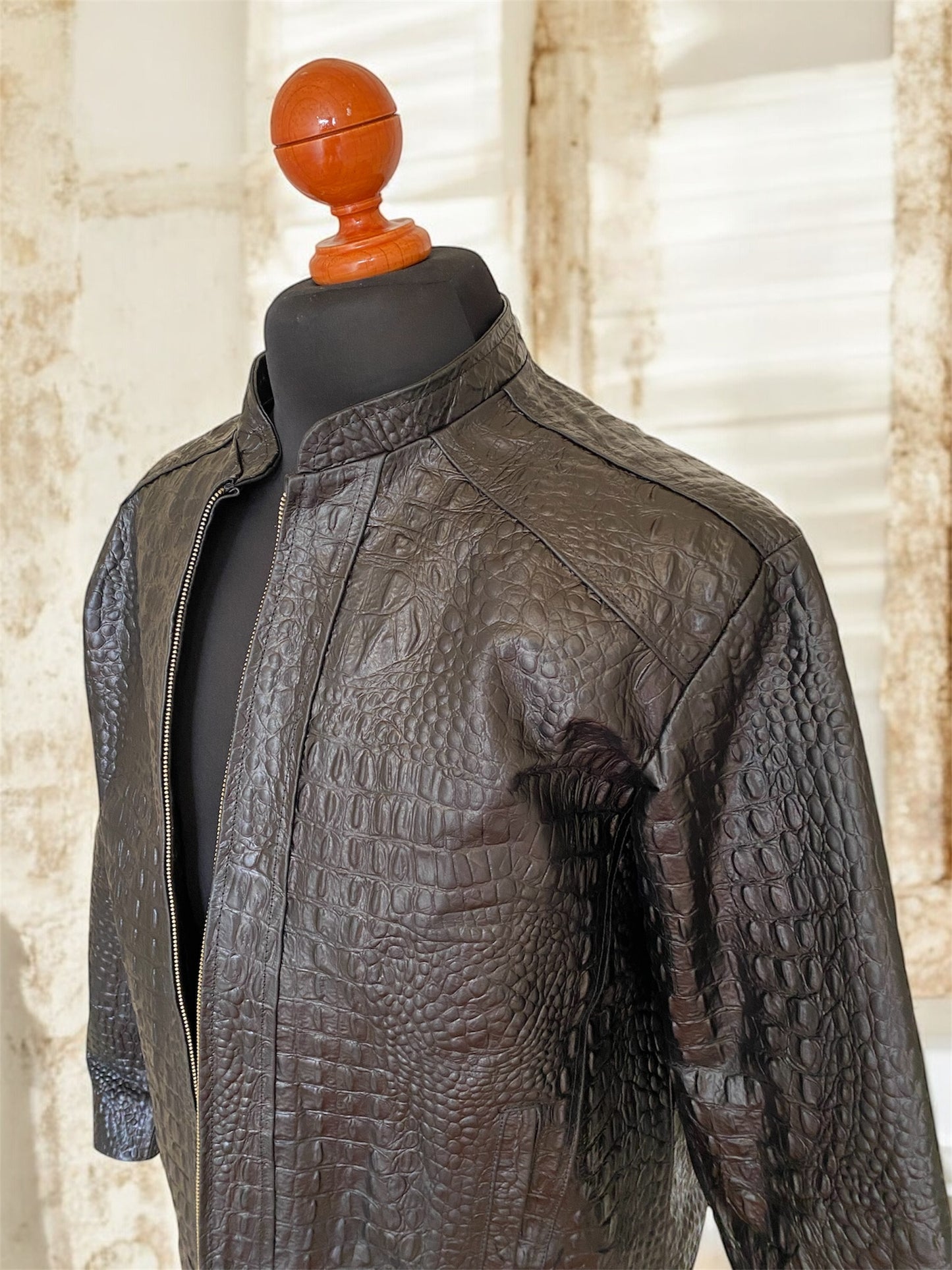 Men’s Crocodile Embossed Leather Jacket – Handcrafted Brown Rider