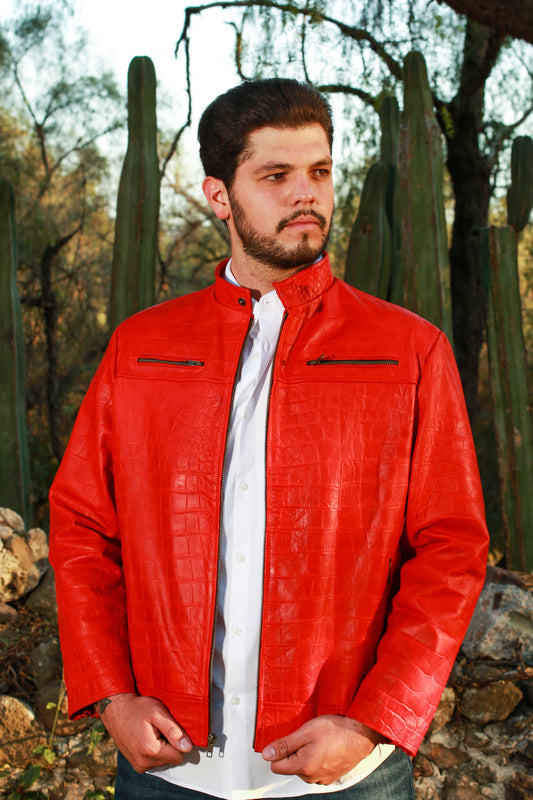 Red Crocodile-Embossed Leather Biker Jacket for Men denver