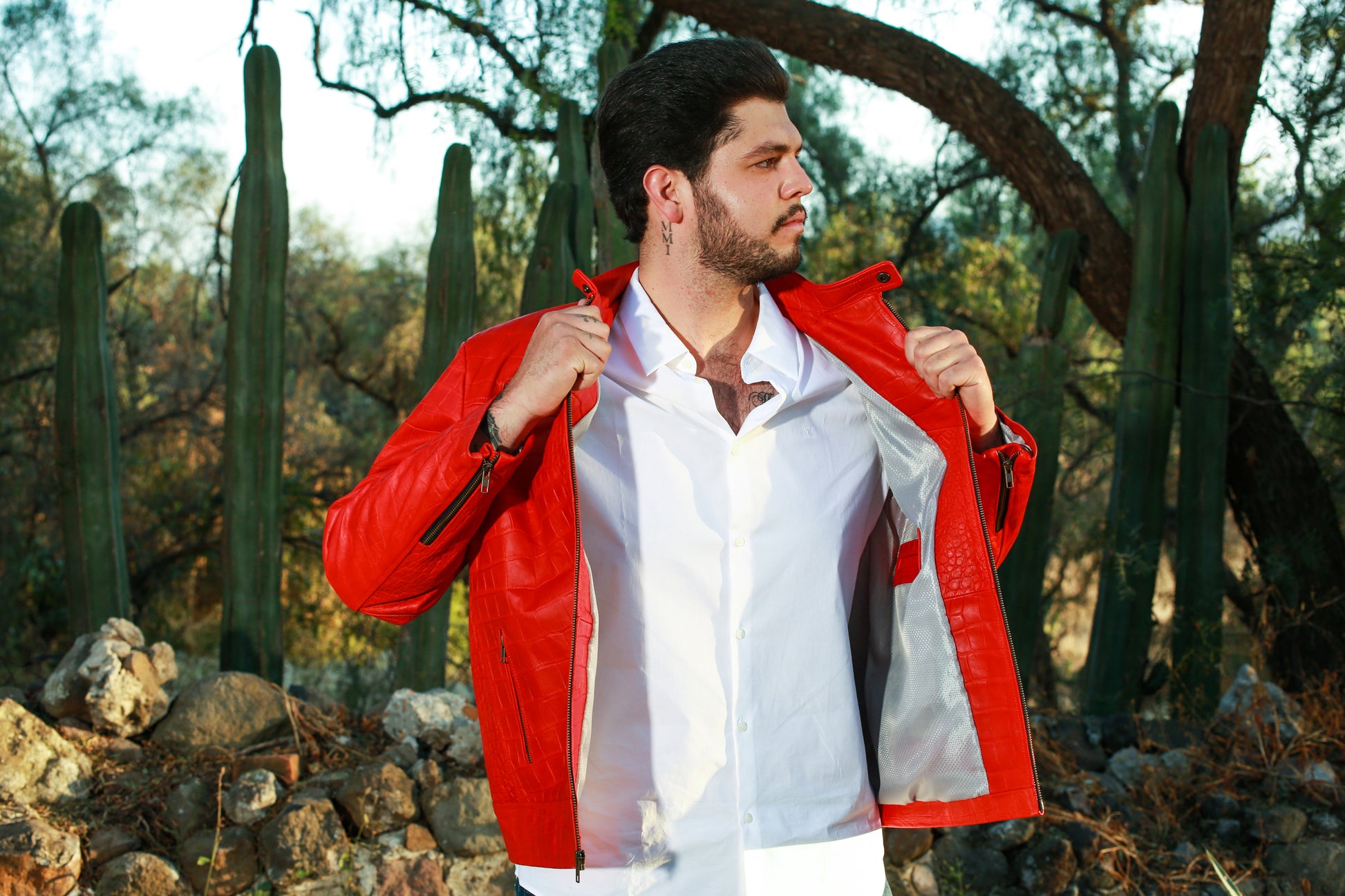 Red Crocodile-Embossed Leather Biker Jacket for Men miami