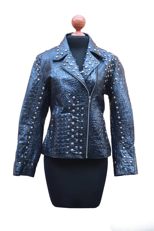 Rockstar Black Studded Crocodile Jacket – Bold Moto Glam Statement