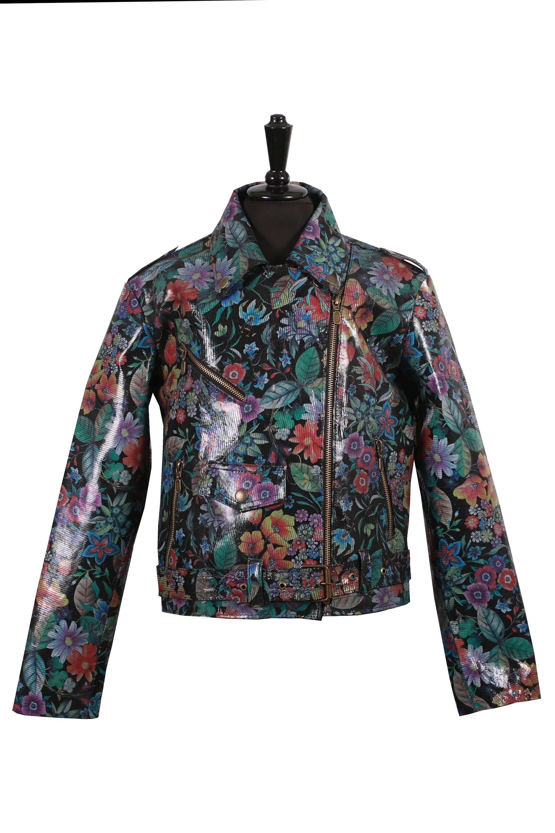 Shiny Floral Print Leather Jacket for Kids – Glossy Botanical Moto Style