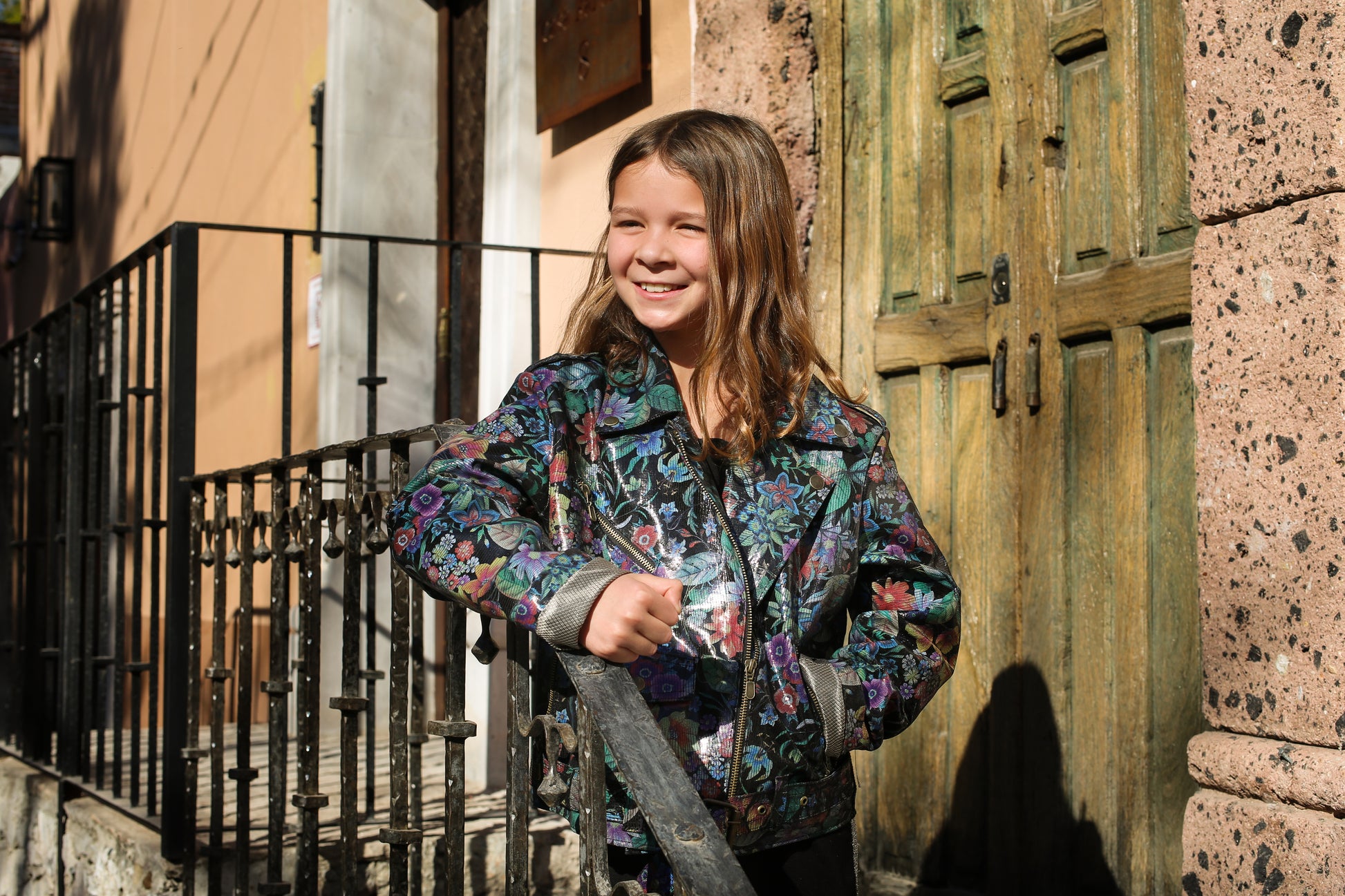 Shiny Floral Print Leather Jacket for Kids  denver