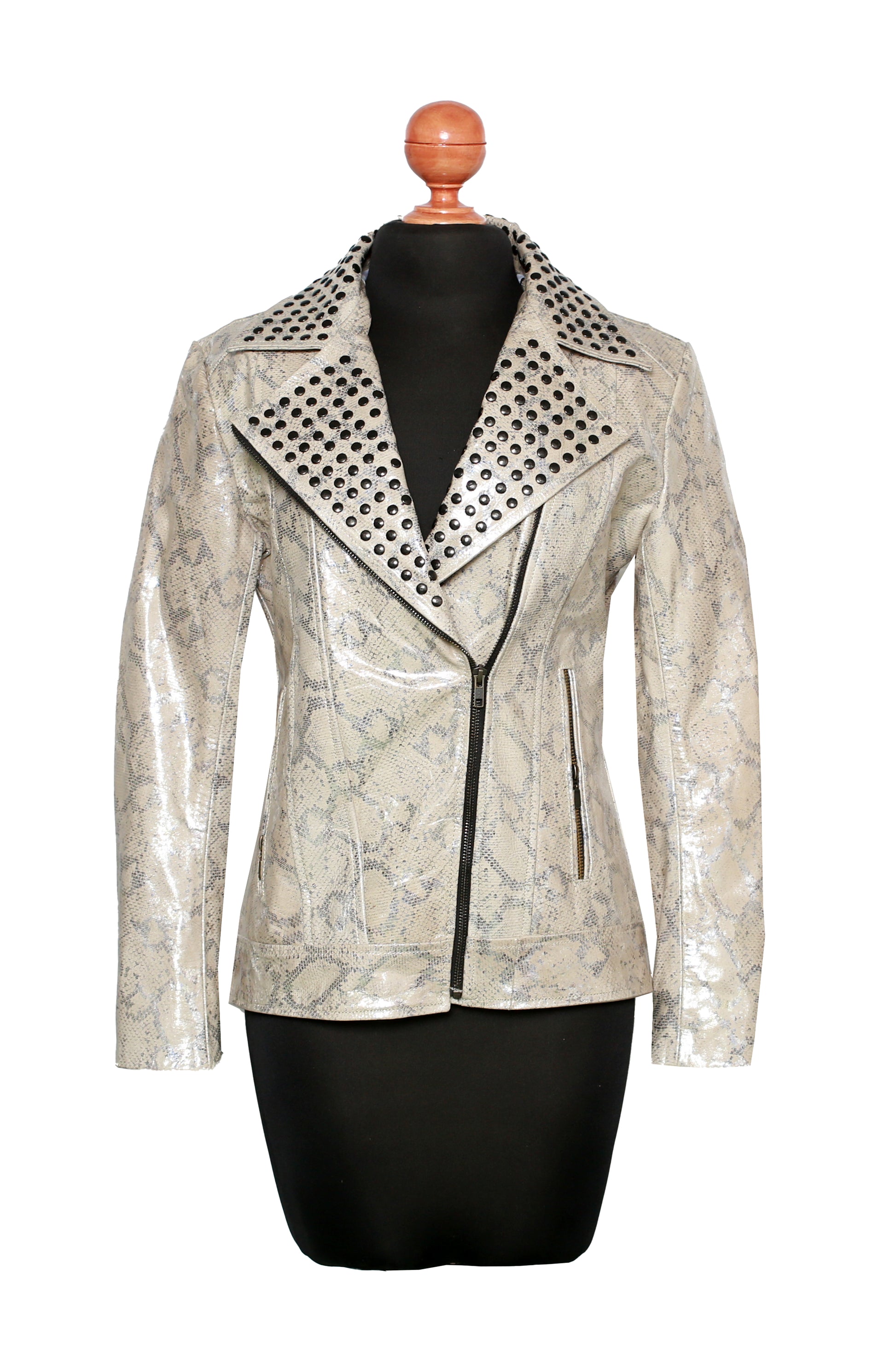 Silver Dust Serpent Jacket – High-Gloss Snake Embossed Leather with Studded Lapels
