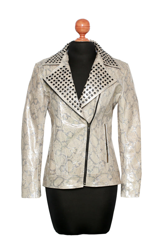 Silver Dust Serpent Jacket – High-Gloss Snake Embossed Leather with Studded Lapels