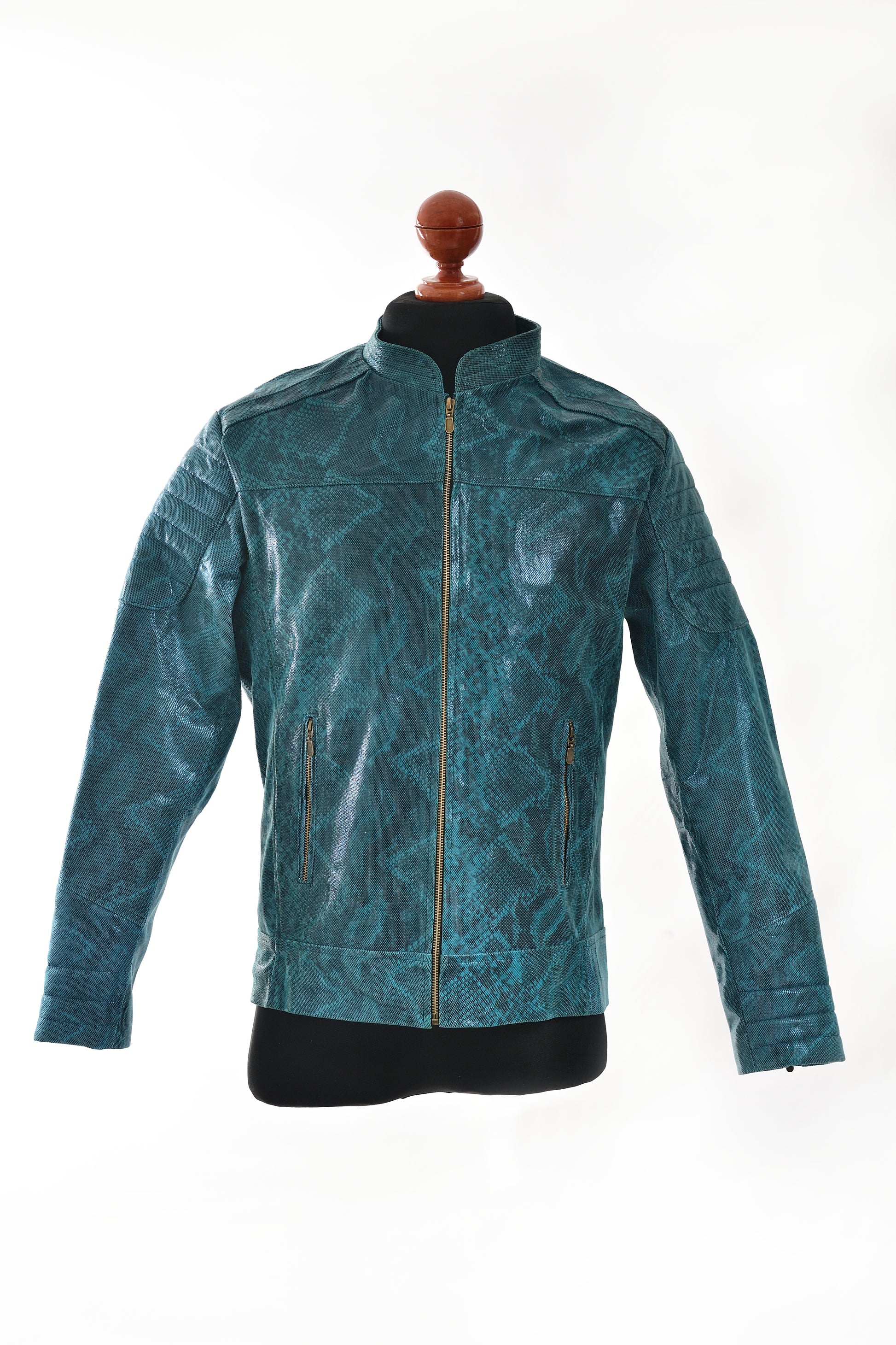 Teal Snake-Textured Leather Moto Jacket for Men